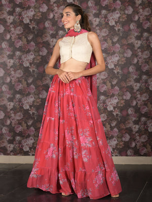 Rajwada Red Printed Semi Stitched Lehenga with Unstitched Blouse And Dupatta For Women