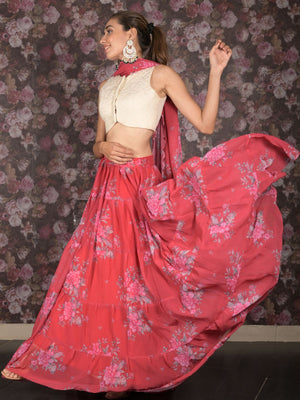 Rajwada Red Printed Semi Stitched Lehenga with Unstitched Blouse And Dupatta For Women