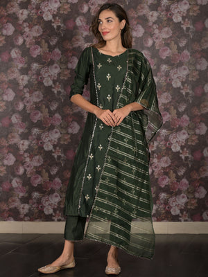 Rajwada Dark Green Embroidered Stitched Cotton Blend Kurta Set for Women
