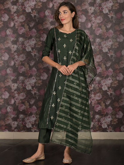 Rajwada Dark Green Embroidered Stitched Cotton Blend Kurta Set for Women