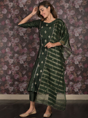 Rajwada Dark Green Embroidered Stitched Cotton Blend Kurta Set for Women