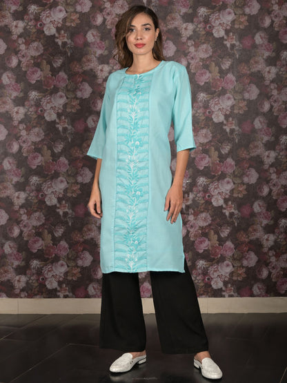 Rajwada Blue Straight Embroidered Stitched Kurta For Women