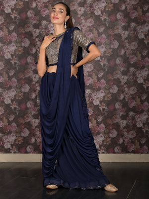 Rajwada Navy Blue Lycra Embellished Saree With Stitched Blouse For Women