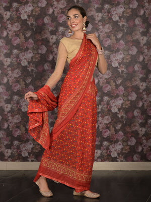 Rajwada Red Bandhani Print Georgette Saree with Unstitched Blouse for Women