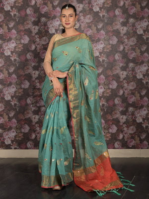 Rajwada Teal Woven Cotton Silk Blend Saree With Unstitched Blouse For Women