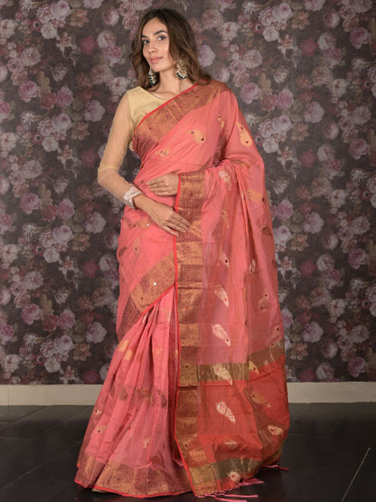 Rajwada Orange Faux Mirror Embroidered Cotton Blend Saree Without Blouse for Women