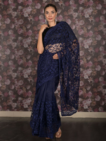 Rajwada Navy Blue Embroidered Net Saree with Unstitched Blouse for Women