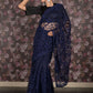 Rajwada Navy Blue Embroidered Net Saree with Unstitched Blouse for Women