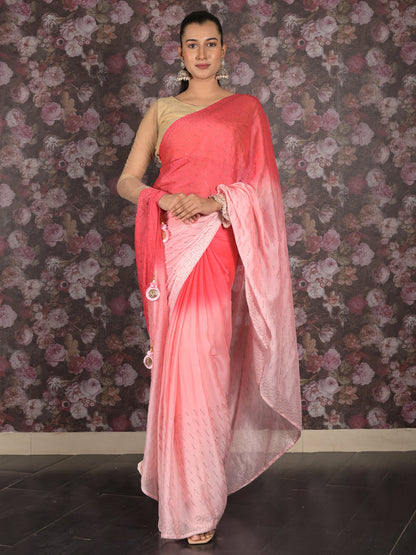 Rajwada Pink Polyester Embellished Saree With Unstitched Blouse For Women