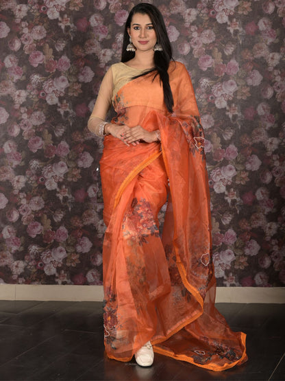 Rajwada Orange Beads Embroidered Floral Printed Organza Saree for Women