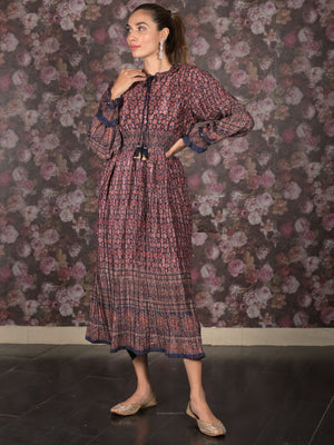Rajwada Brown Crushed Chinon Printed Indo-Western Dress For Women
