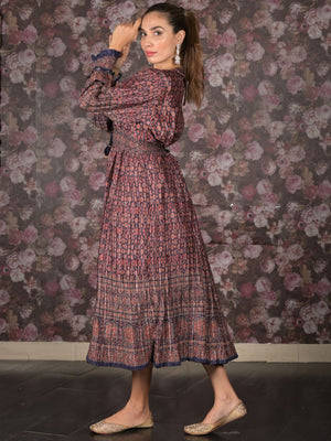 Rajwada Brown Crushed Chinon Printed Indo-Western Dress For Women