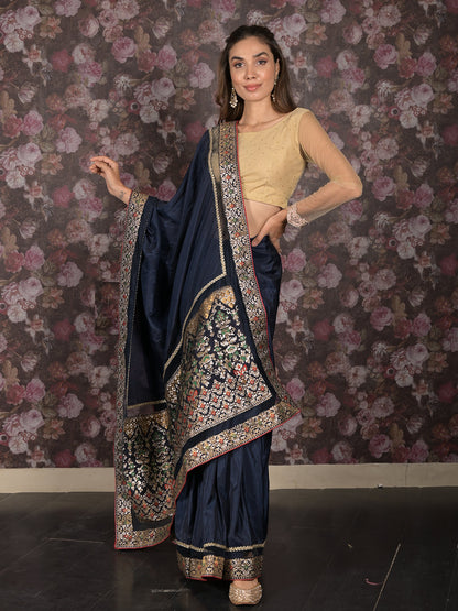 Rajwada Navy Blue Embroidered Crepe Saree with Unstitched Blouse for Women