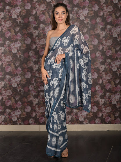 Rajwada Blue Floral Printed Chiffon Saree Without Blouse for Women