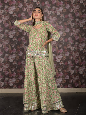 Rajwada Light Green Gota Embroidered Stitched Cotton Lehenga with Stitched Blouse for Women
