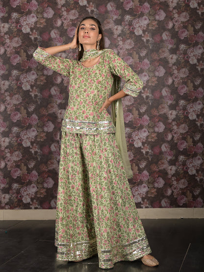 Rajwada Light Green Gota Embroidered Stitched Cotton Lehenga with Stitched Blouse for Women