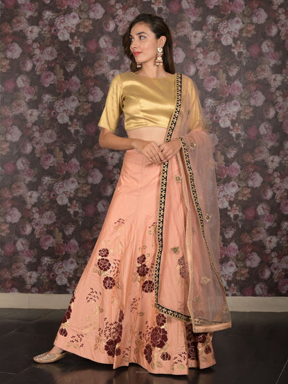 Rajwada Peach Hand Printed Semi Stitched Lehenga Set With Dupatta And Unstitched Blouse For Women