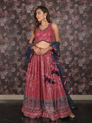 Rajwada Magenta Sequins Embroidered Stitched Net Lehenga With Stitched Blouse For Women