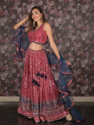 Rajwada Magenta Sequins Embroidered Stitched Net Lehenga With Stitched Blouse For Women