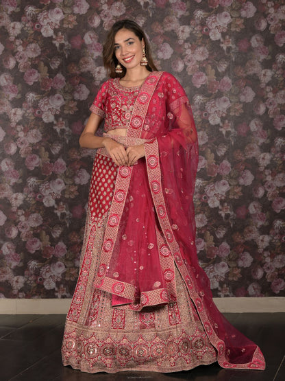 Rajwada Magenta Velvet Heavy Embroidered Semi Stitched Lehenga Set With Dupatta And Unstitched Blouse For Women