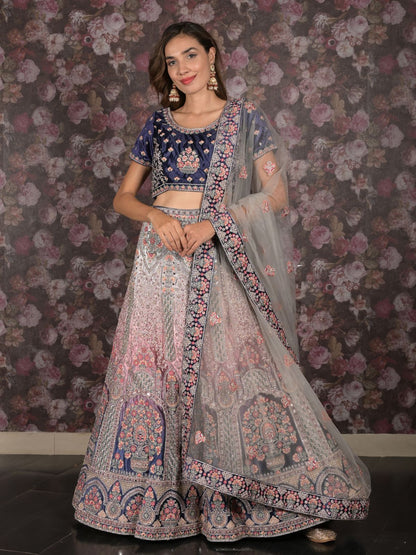 Rajwada Navy Blue Velvet Heavy Embroidered Semi Stitched Bridal Lehenga Set With Dupatta And Stitched Blouse For Women