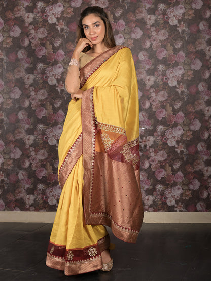 Rajwada Yellow Embellished Silk Blend Saree with Unstitched Blouse for Women