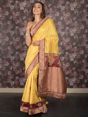Rajwada Yellow Embellished Silk Blend Saree with Unstitched Blouse for Women