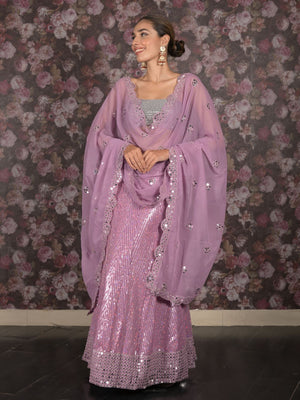 Rajwada Lilac Sequins and Faux Mirror Embroidered Semi-Stitched Georgette Lehenga with Unstitched Blouse for Women