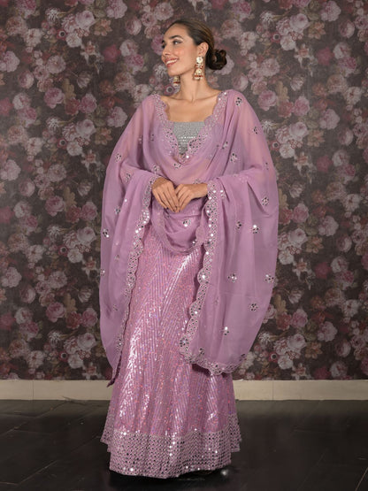 Rajwada Lilac Sequins and Faux Mirror Embroidered Semi-Stitched Georgette Lehenga with Unstitched Blouse for Women