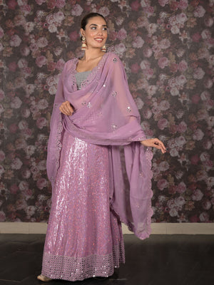 Rajwada Lilac Sequins and Faux Mirror Embroidered Semi-Stitched Georgette Lehenga with Unstitched Blouse for Women