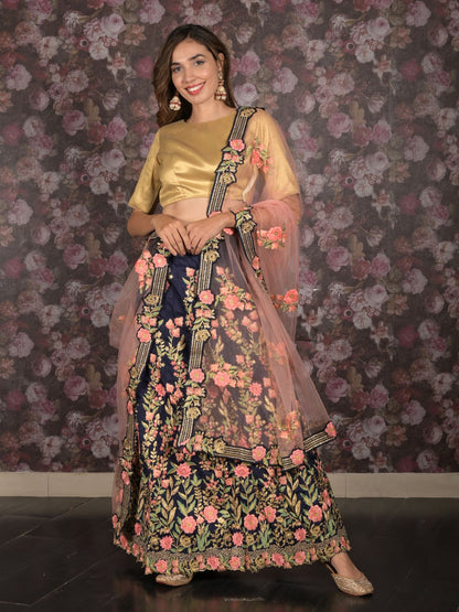 Rajwada Navy Blue Silk Blend Embroidered Semi-Stitched Lehenga with Unstitched Blouse for Women