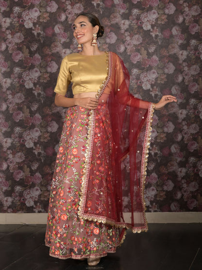 Rajwada Mauve Embroidered Semi Stitched Net Lehenga With Unstitched Blouse For Women