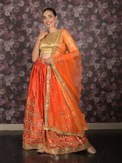 Rajwada Orange Embroidered Semi Stitched Satin Lehenga with Untitched Blouse For Women