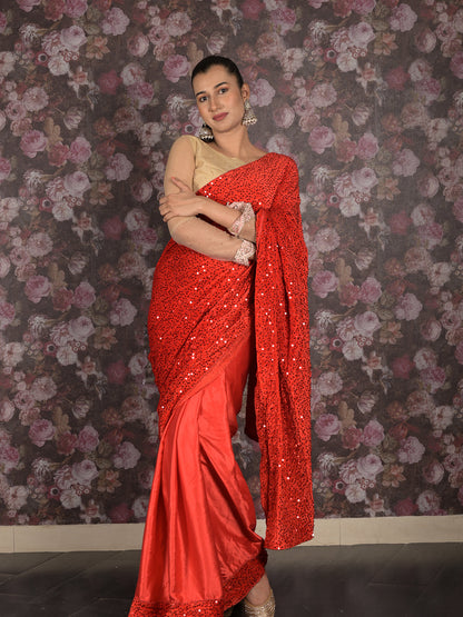 Rajwada Maroon Embellished Lycra Saree with Unstitched Blouse for Women