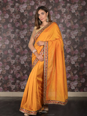 Rajwada Mustard Embroidered Crepe Saree without Blouse for Women