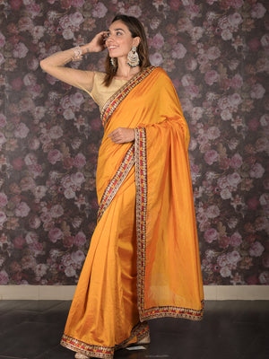 Rajwada Mustard Embroidered Crepe Saree without Blouse for Women