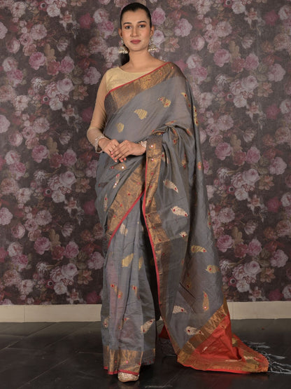 Rajwada Grey Woven Cotton Blend Saree With Unstitched Blouse For Women