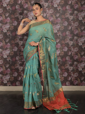 Rajwada Teal Cotton Blend Woven Saree With Unstitched Blouse For Women
