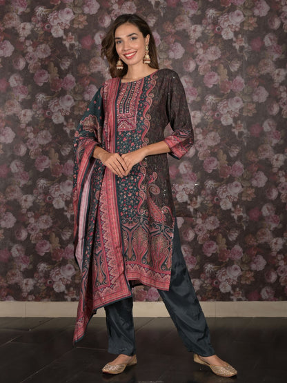 Rajwada Grey Ethnic Motifs Printed Embroidered Rayon Stitched Kurta Set for Women