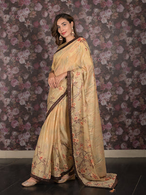 Rajwada Beige Sequins Embroidered Crepe Saree with Unstitched Blouse for Women