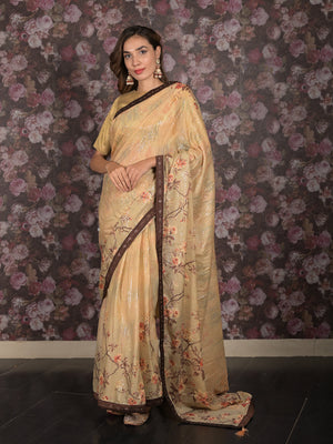 Rajwada Beige Sequins Embroidered Crepe Saree with Unstitched Blouse for Women