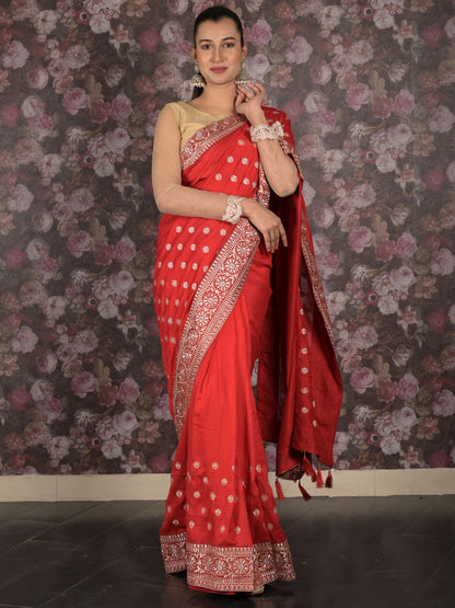 Rajwada Pink Embroidered Silk Blend Saree with Unstitched Blouse for Women