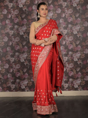 Rajwada Pink Embroidered Silk Blend Saree with Unstitched Blouse for Women