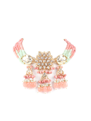 Rajwada Pink And Green Beads Choker Neckpiece For Women