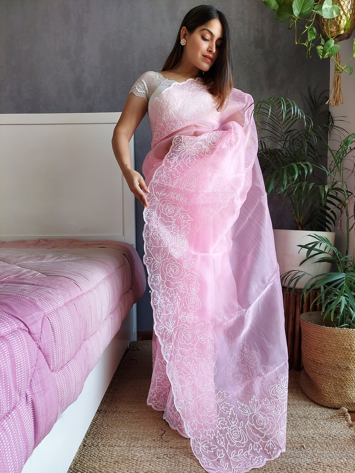 Rajwada - Purple Organza Floral Embroidery Saree with Unstitched Blouse