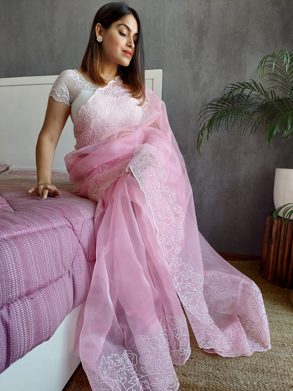 Rajwada - Purple Organza Floral Embroidery Saree with Unstitched Blouse