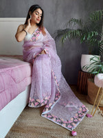 Rajwada - Purple Organza Embroidery Saree with Unstitched Blouse