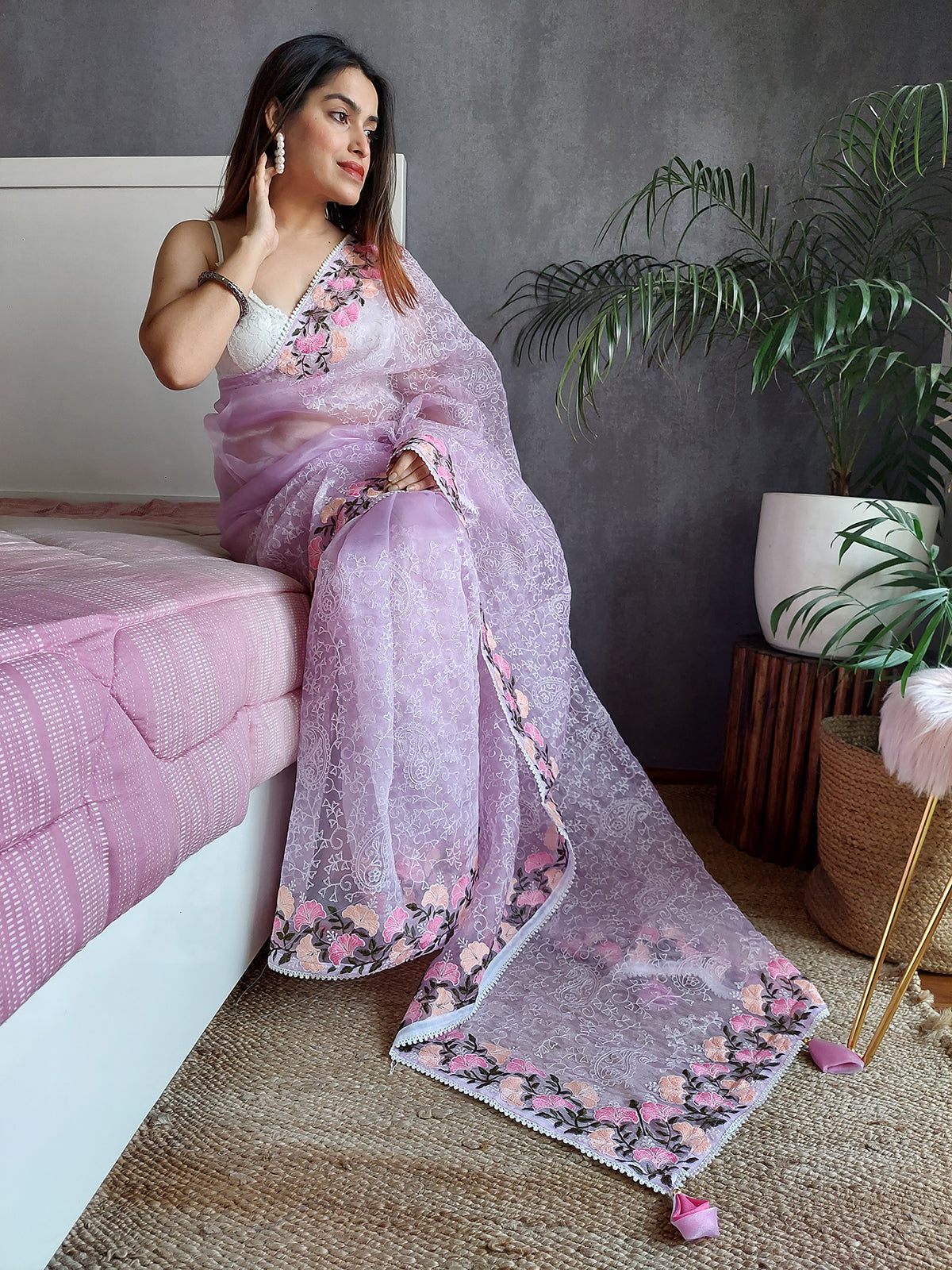 Rajwada - Purple Organza Embroidery Saree with Unstitched Blouse