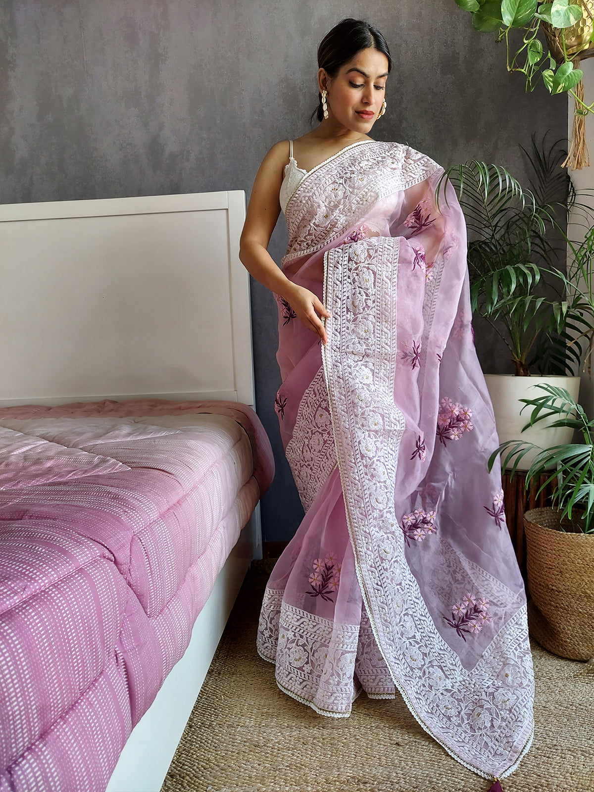 Rajwada - Purple Organza Embroidery Saree with Unstitched Blouse