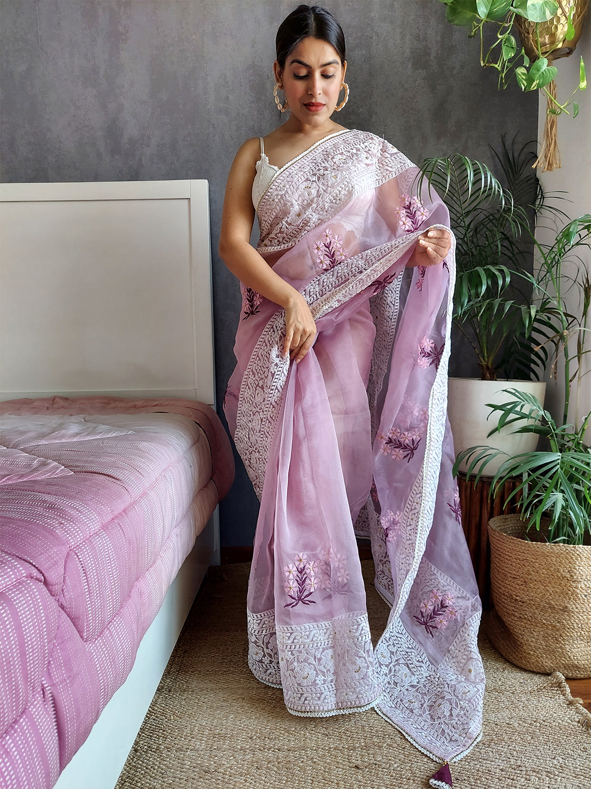 Rajwada - Purple Organza Embroidery Saree with Unstitched Blouse
